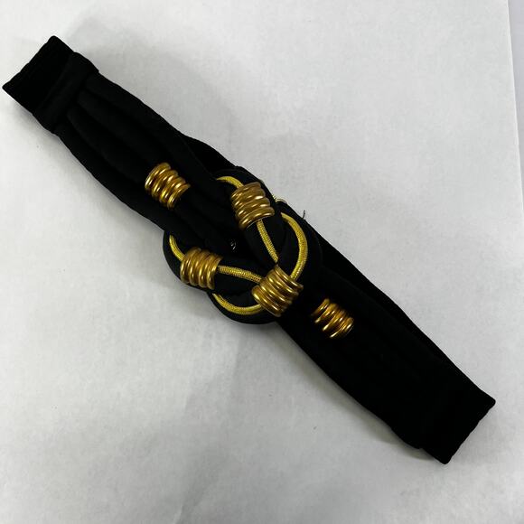 Vintage 80's Gold Brass Knot Buckle Stretch Wide 2" Belt - Picture 3 of 7